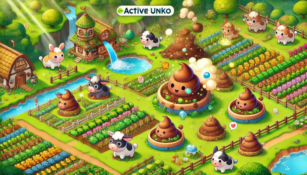 A vibrant ranch scene where Pals interact playfully, highlighting the ActiveUNKO feature with crops being fertilized in the background.