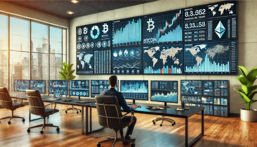 DALL·E 2024-12-07 14.08.11 - A modern cryptocurrency trading dashboard with charts and analytics displayed on multiple screens, showcasing Bitcoin and Ethereum trends, in a profes