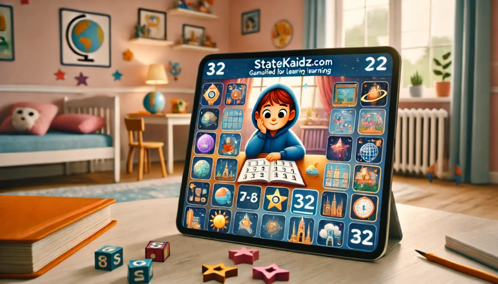 DALL·E 2024-12-09 21.25.56 - A digital learning platform interface on a tablet screen showing interactive games for children, with colorful educational graphics, featuring subject