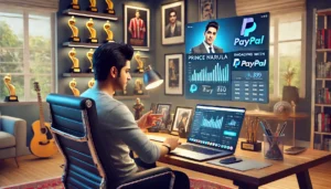 DALL·E 2024-12-10 23.33.34 - Prince Narula engaging with fans digitally, sitting in a stylish home office setup. A modern laptop screen displays a PayPal dashboard with analytics