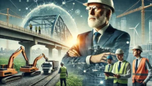 DALL·E 2024-12-10 23.40.00 - Hank Adams, a visionary construction leader, overseeing a team at a construction site featuring a large-scale infrastructure project like a bridge or