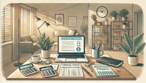 DALL·E 2024-12-11 18.40.09 - An illustration of a modern personal finance workspace. The desk is tidy with a laptop, financial documents, a calculator, and a cup of coffee. The ba