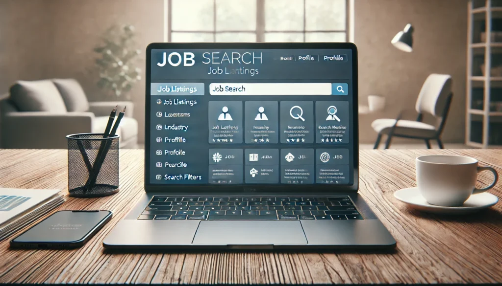 DALL·E 2024-12-12 22.26.11 - A professional and modern user interface of a job search platform on a laptop screen. The laptop is placed on a wooden desk, showing a clean and sleek