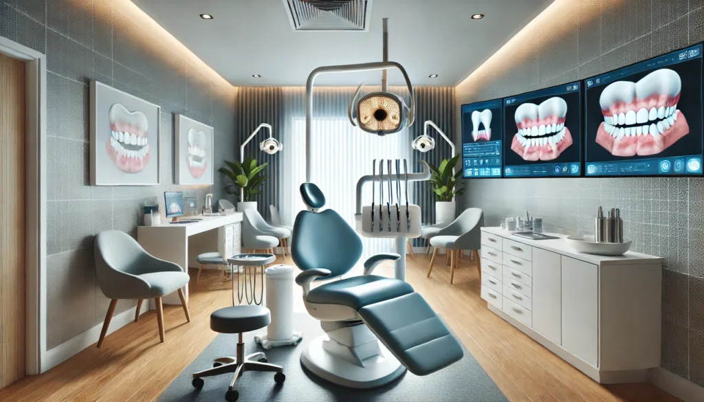 DALL·E 2024-12-13 18.32.01 - A modern, welcoming orthodontic dental office with state-of-the-art equipment. The clinic should be clean, spacious, and feature comfortable seating w