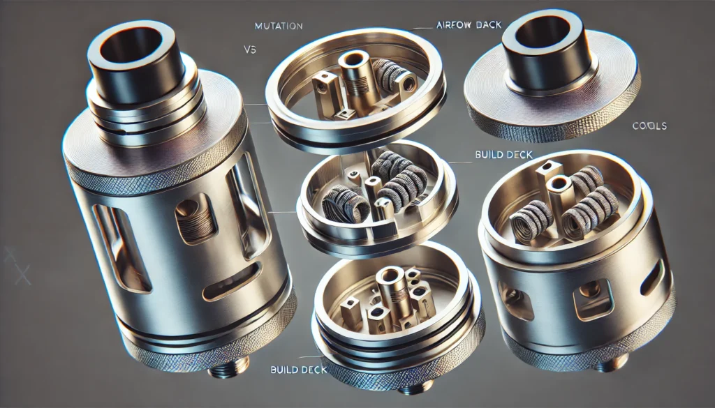 DALL·E 2024-12-13 18.35.34 - A detailed image of the Mutation X V5 RDA rebuildable dripping atomizer, showcasing its sleek and modern design. Include visible airflow slots and a b