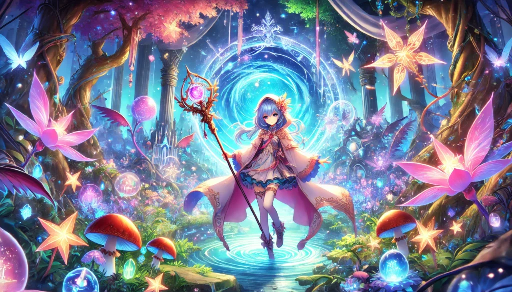 DALL·E 2024-12-13 18.42.18 - A vibrant fantasy scene showcasing the magical world of Yokeru Kamo Wonderwitch. The image features Yokeru Kamo, a young witch with flowing robes and