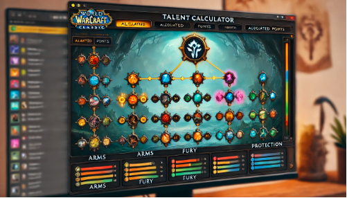 A detailed WoW Classic Talent Calculator interface displaying a Warrior's talent trees—Arms, Fury, and Protection—with interactive point allocation.