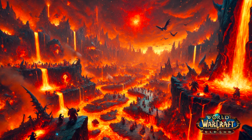 A fiery landscape in the Searing Gorge during the Blackrock Eruption event, with players engaging event-specific mobs amidst molten terrain and glowing embers.
