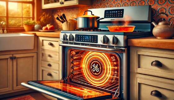 "The GE Electric Stove Model BP76GV1WW in action, with a pot boiling on the cooktop and a casserole baking in the oven, perfect for multitasking in the kitchen."

