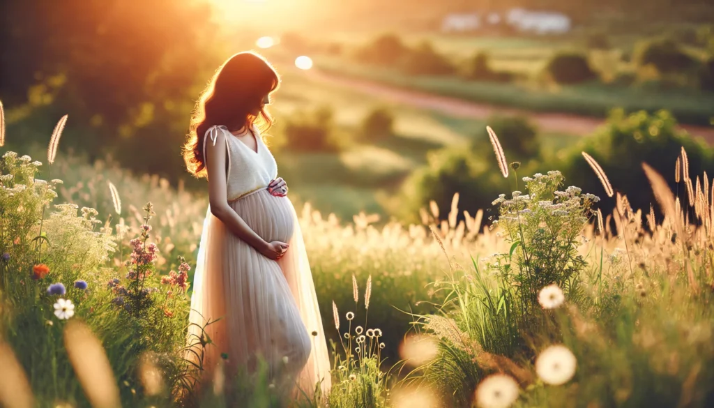 DALL·E 2025-02-11 15.10.41 - A serene and peaceful scene of a pregnant woman in a flowing dress standing in a sunlit meadow, gently cradling her baby bump. She is surrounded by lu